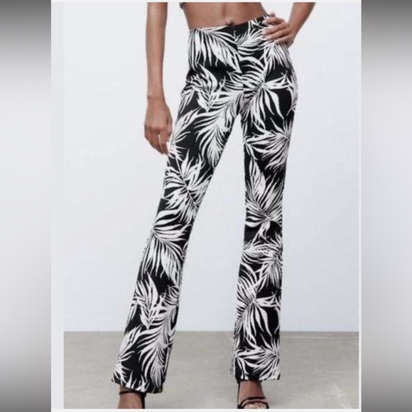 Zara Jacquard Tropical Print Flare Pants | large - Picture 5 of 6